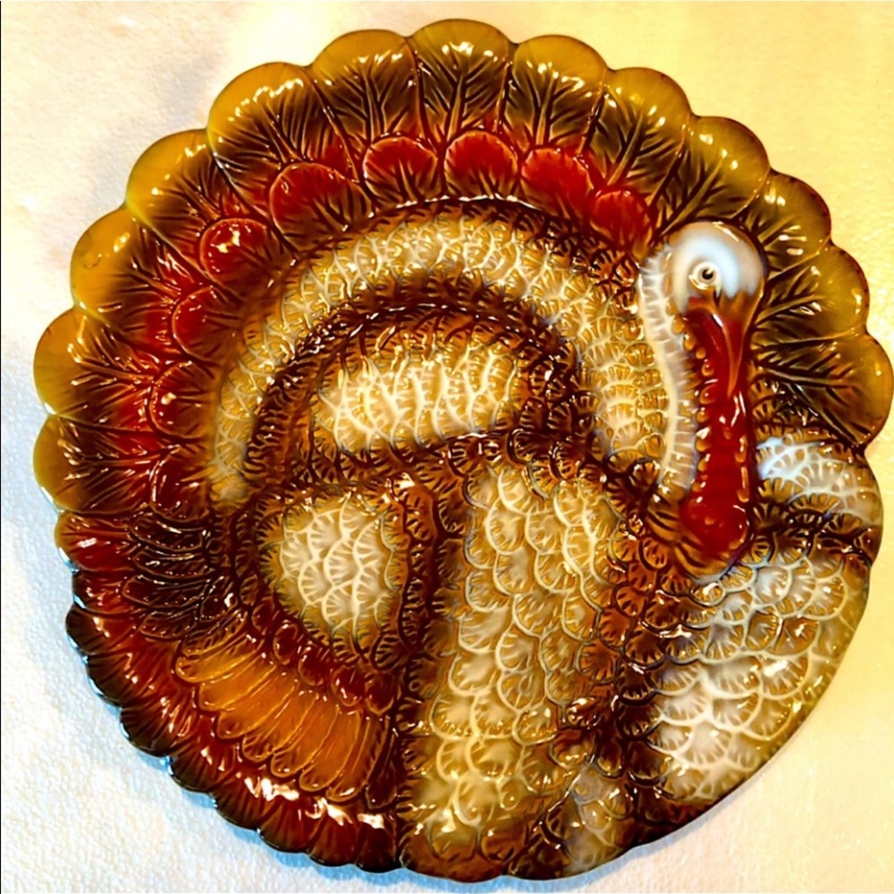 THANKSGIVING TURKEY PLATTER 14” ROUND CERAMIC SERVING DISH PLATE HOLIDAY TRAY